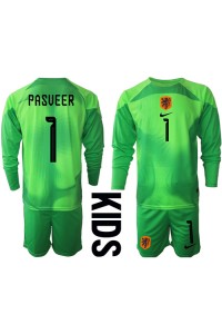 Nederland Remko Pasveer #1 Doelman Babytruitje Thuis tenue Kind WK 2022 Lange Mouw (+ Korte broeken)